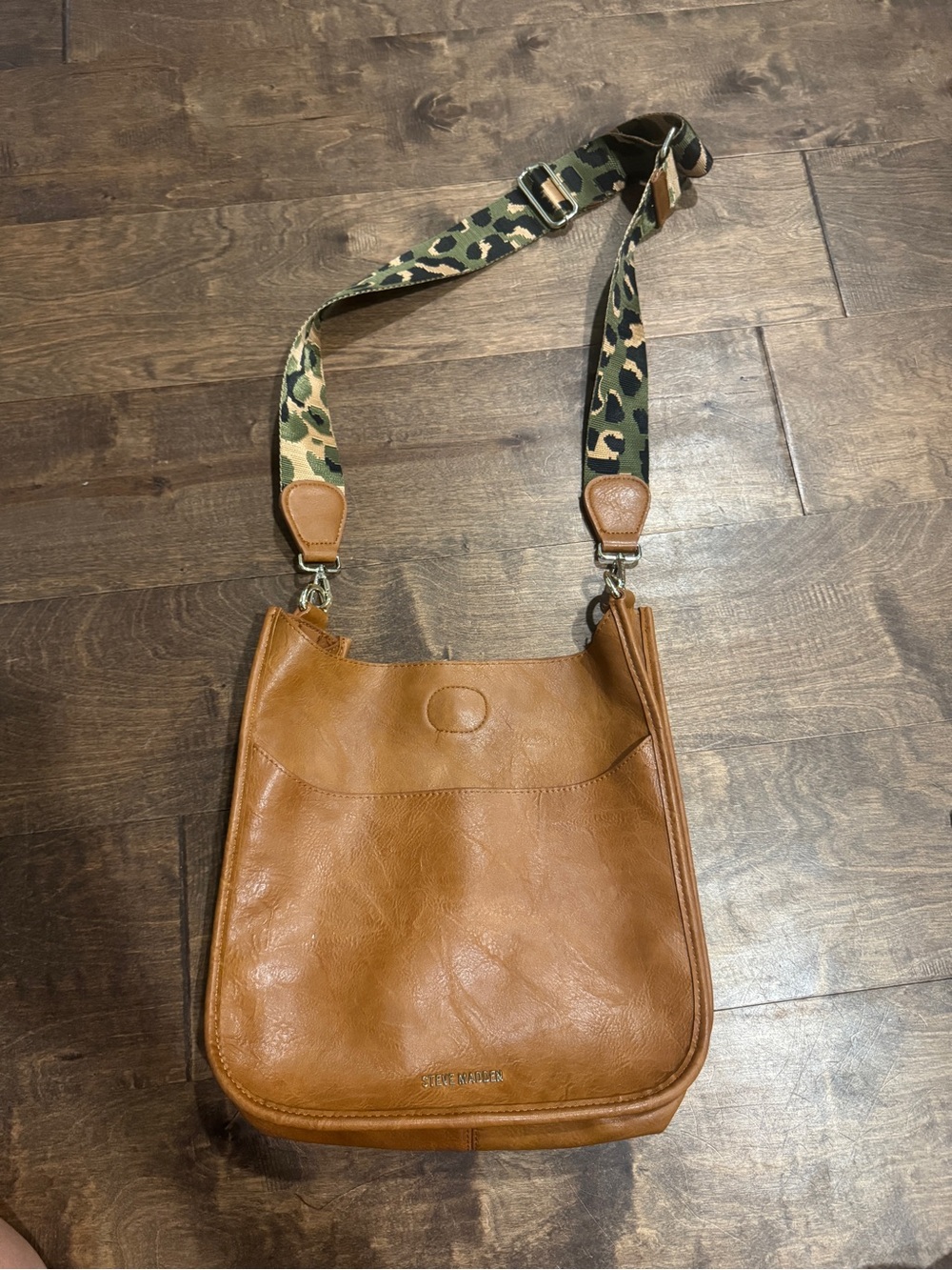 Steve Madden Brown Leather Messenger Bag with Leopard-Print Strap